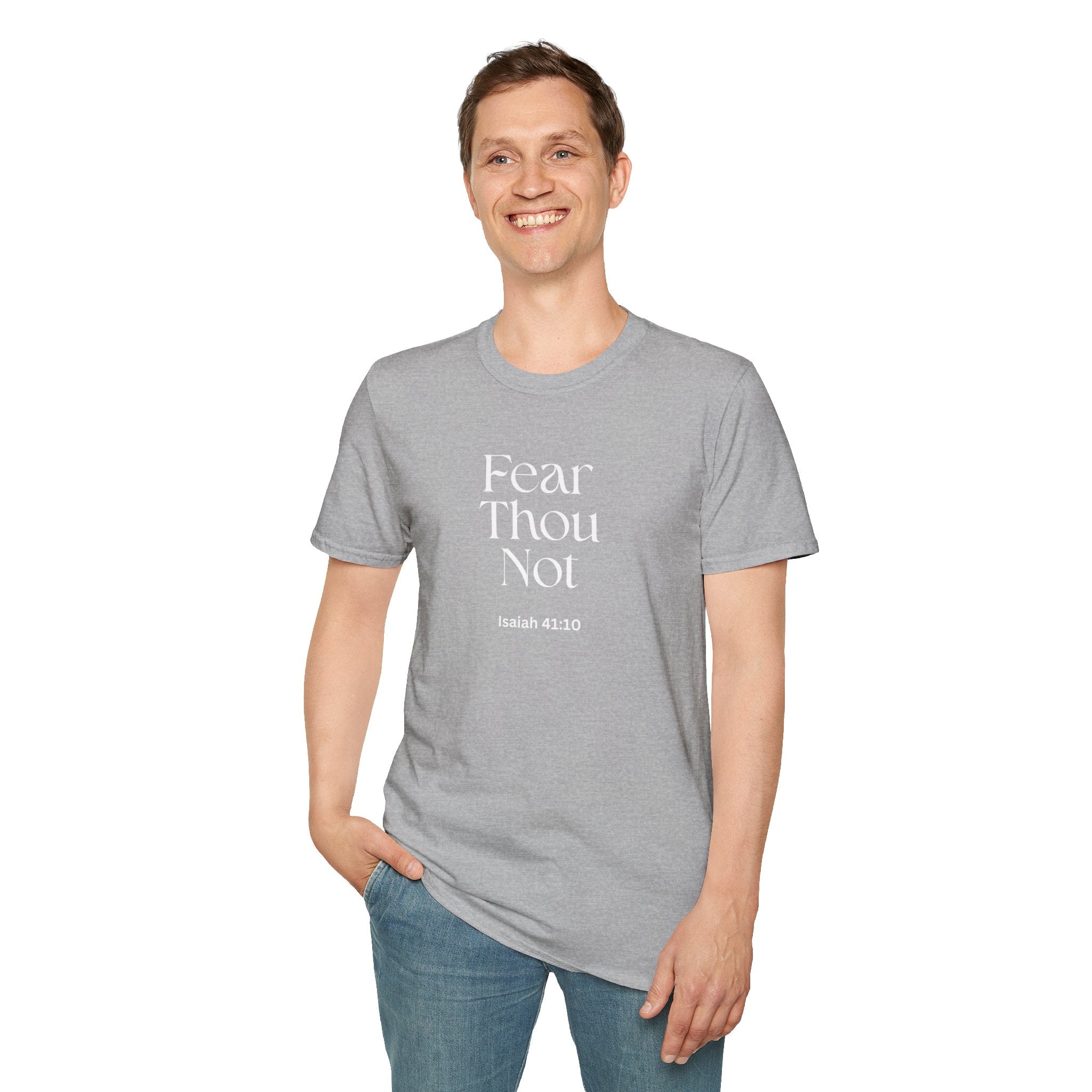 •	Faith Over Fear Christian T-Shirt – “Fear Thou Not” Isaiah 41:10 Bible Verse Tee